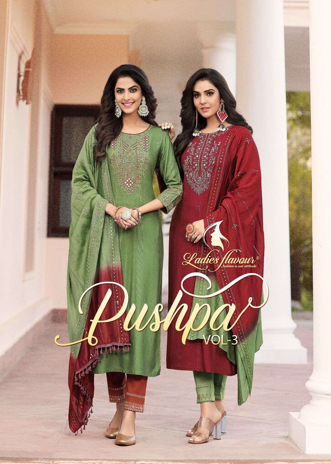 Pushpa Vol-3 By Ladies Flavour 3001 To 3006 Series Festive Suits Beautiful Fancy Colorful Stylish Party Wear & Occasional Wear Viscose Rayon Dresses At Wholesale Price