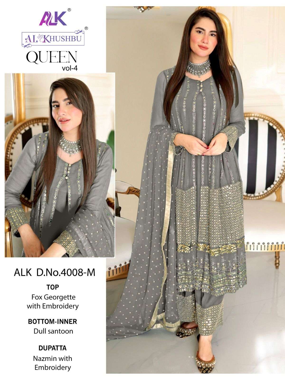 Queen Vol-4 By Al Khushbu 4008-L To 4008-O Series Beautiful Pakistani Suits Colorful Stylish Fancy Casual Wear & Ethnic Wear Faux Georgette Dresses At Wholesale Price