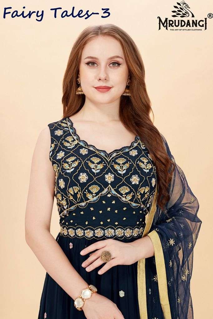 Fairy Tales Vol-3 By Mrudangi 3010 To 3014 Series Beautiful Stylish Fancy Colorful Casual Wear & Ethnic Wear Faux Georgette Gowns With Dupatta At Wholesale Price