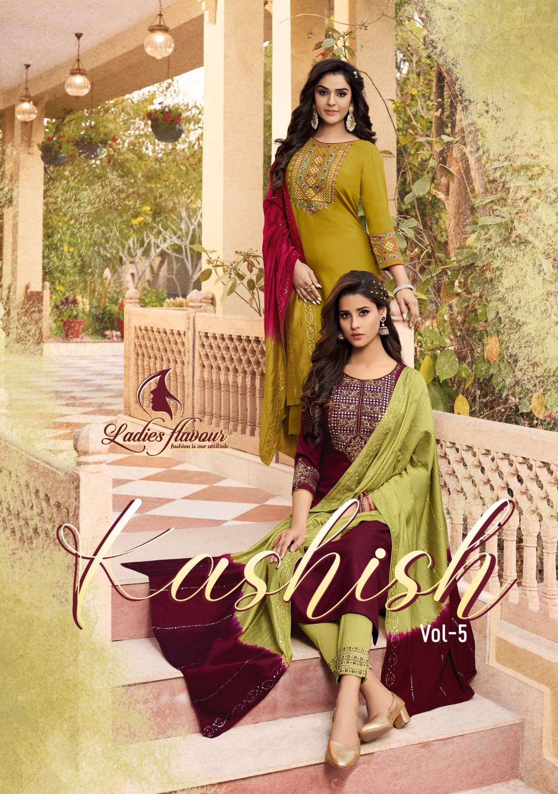 Kashish Vol-5 By Ladies Flavour 5001 To 5006 Series Beautiful Sharara Suits Colorful Stylish Fancy Casual Wear & Ethnic Wear Pure Rayon Embroidered Dresses At Wholesale Price