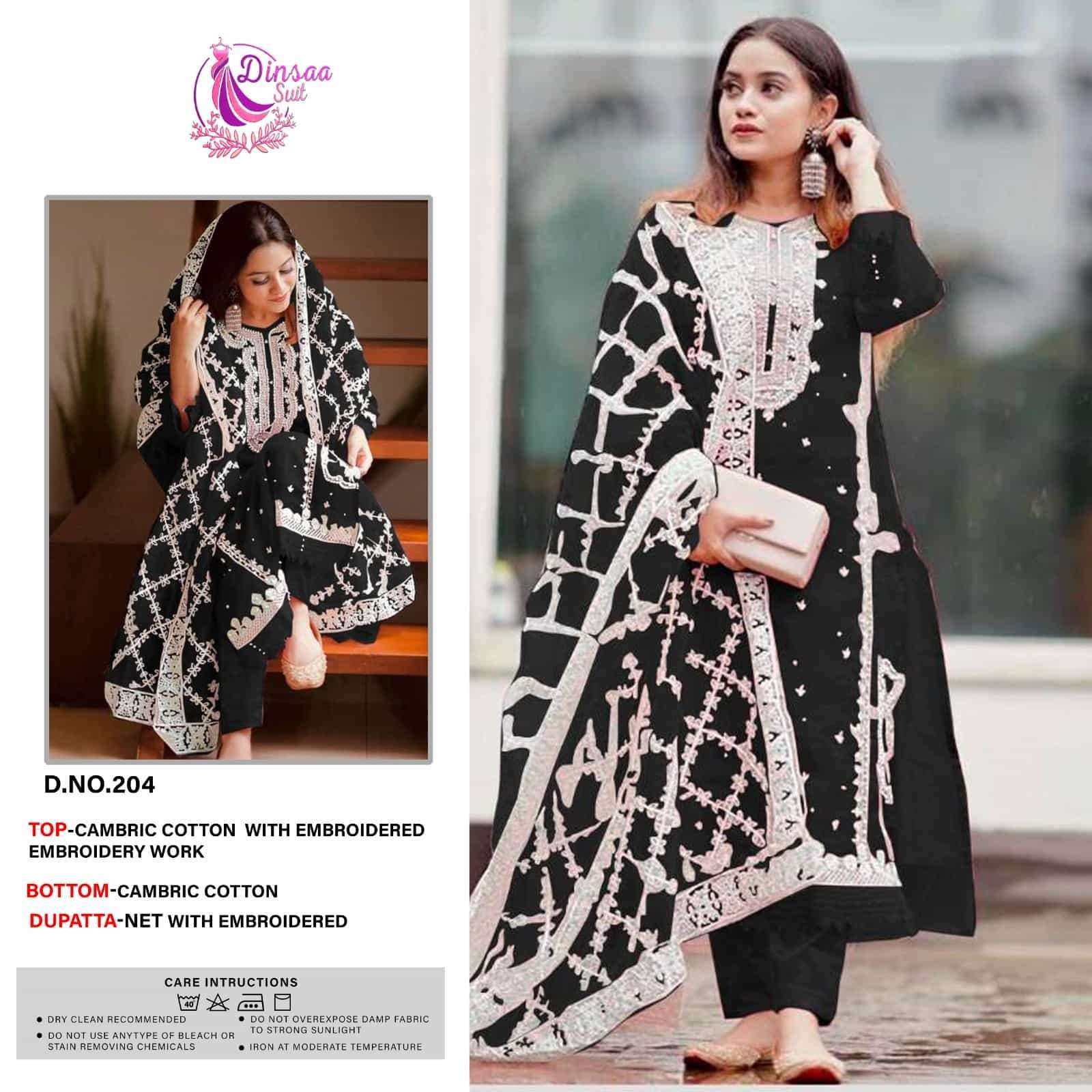 Dinsaa Hit Design 204 By Dinsaa Suits Beautiful Pakistani Suits Colorful Stylish Fancy Casual Wear & Ethnic Wear Heavy Cambric Cotton Embroidered Dresses At Wholesale Price