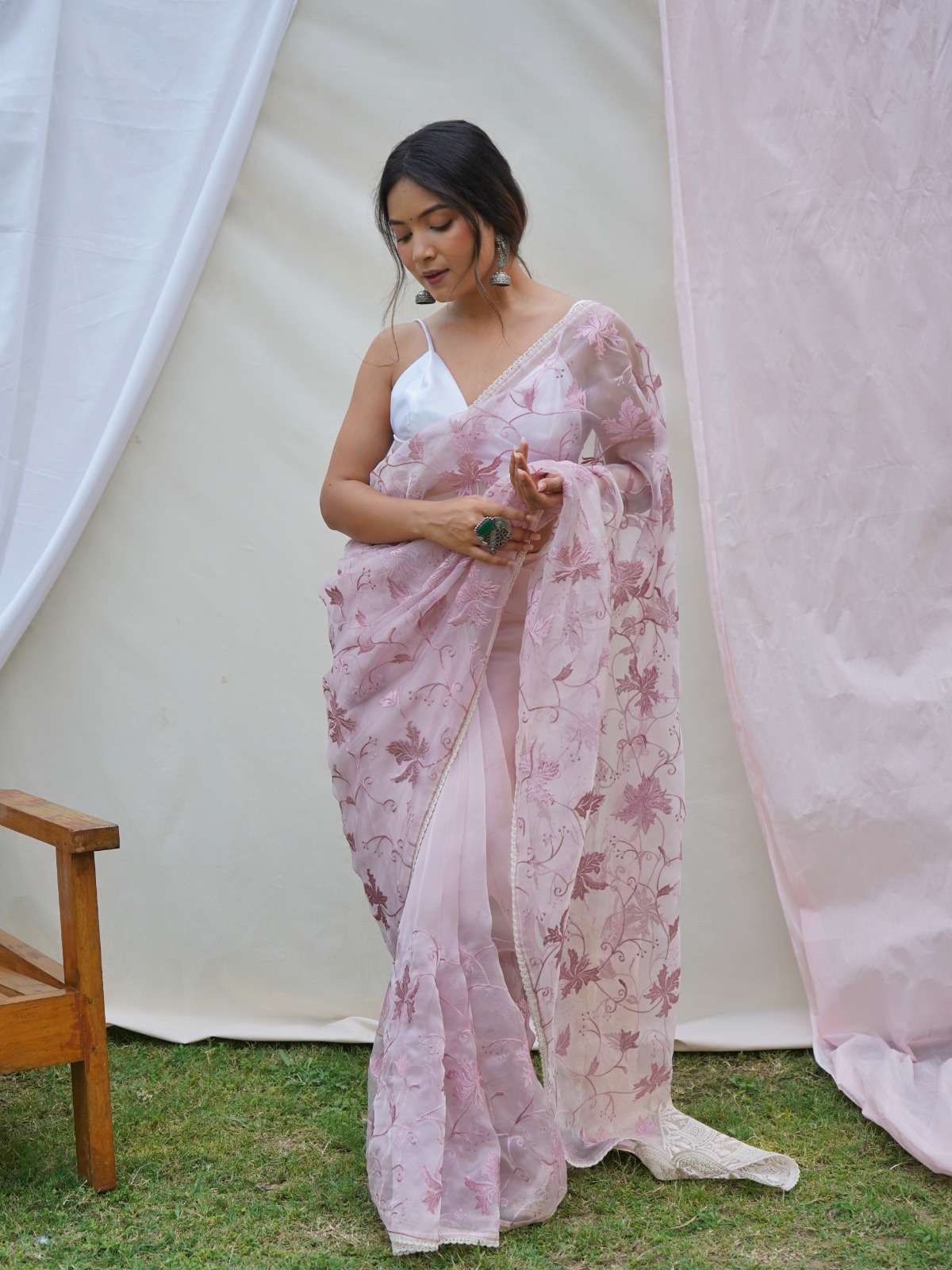 Pastel Beige Printed Organza Saree With Embroidery | Singhania's
