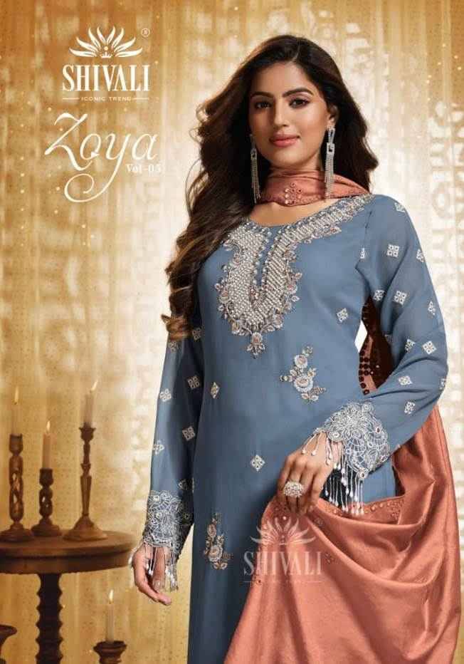 Zoya Vol-5 By Shivali 5001 To 5005 Series Designer Festive Suits Collection Beautiful Stylish Fancy Colorful Party Wear & Occasional Wear Georgette Dresses At Wholesale Price