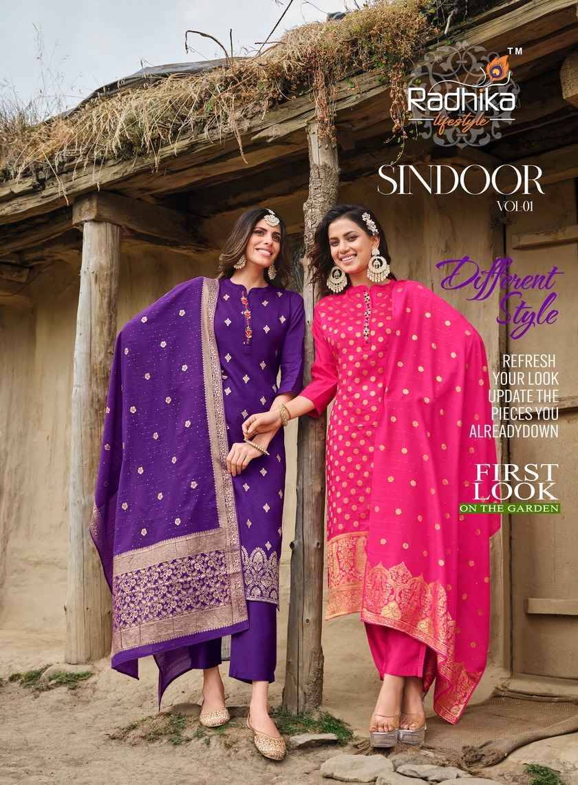 Sindoor Vol-1 By Radhika Lifestyle 1001 To 1006 Series Beautiful Festive Suits Colorful Stylish Fancy Casual Wear & Ethnic Wear Pure Dola Silk Jacqaurd Print Dresses At Wholesale Price