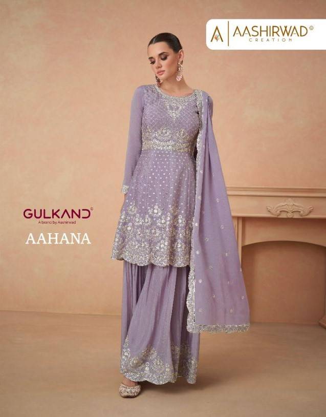 Aahana By Aashirwad Creation 9828 To 9830 Series Beautiful Sharara Suits Colorful Stylish Fancy Casual Wear & Ethnic Wear Chinnon Silk Embroidery Dresses At Wholesale Price