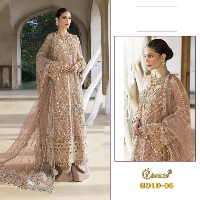 Gold-06 By Cosmos Beautiful Pakistani Suits Stylish Fancy Colorful Party Wear & Occasional Wear Soft Net Embroidered Dresses At Wholesale Price