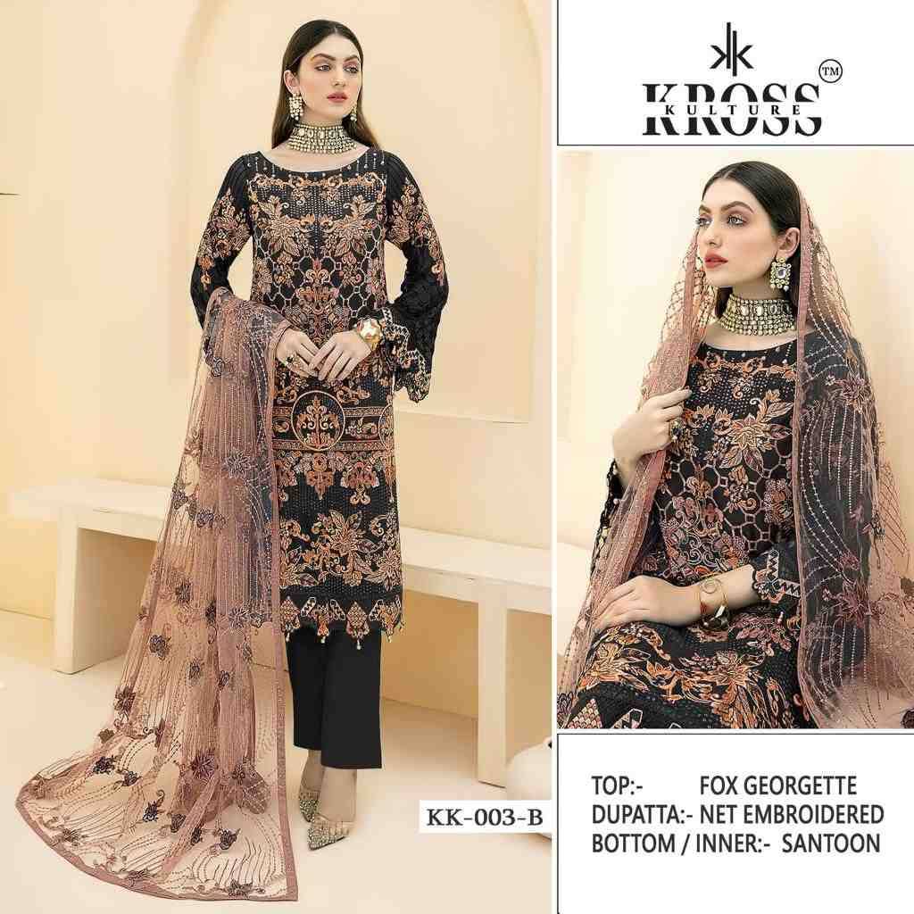 Kross Kulture Hit Design 003 Colours By Kross Kulture Beautiful Stylish Pakistani Suits Fancy Colorful Casual Wear & Ethnic Wear & Ready To Wear Faux Georgette Embroidered Dresses At Wholesale Price