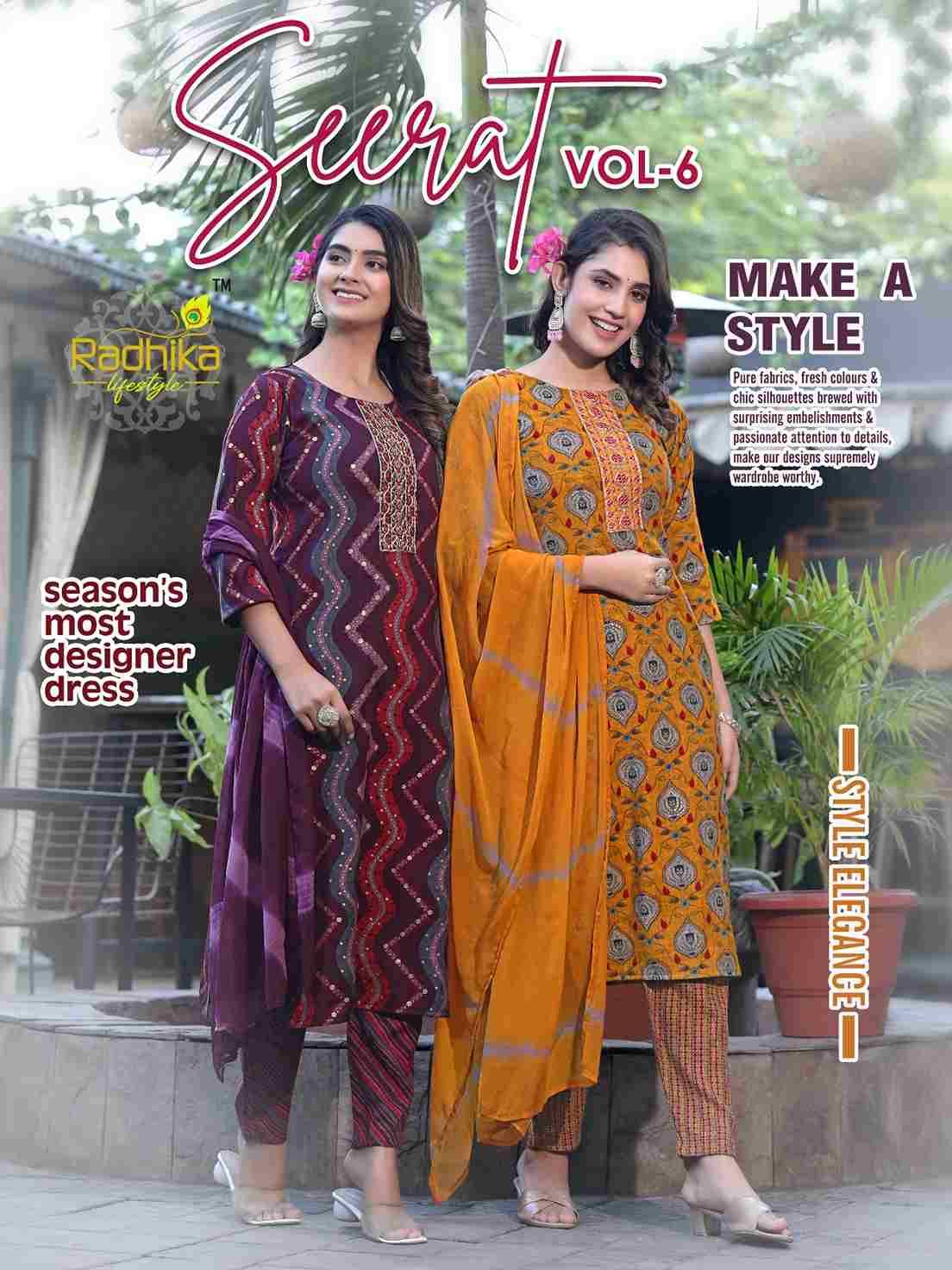 Seerat Vol-6 By Radhika Lifestyle 6001 To 6008 Series Designer Stylish Fancy Colorful Beautiful Party Wear & Ethnic Wear Collection Rayon Foil Print Dresses At Wholesale Price