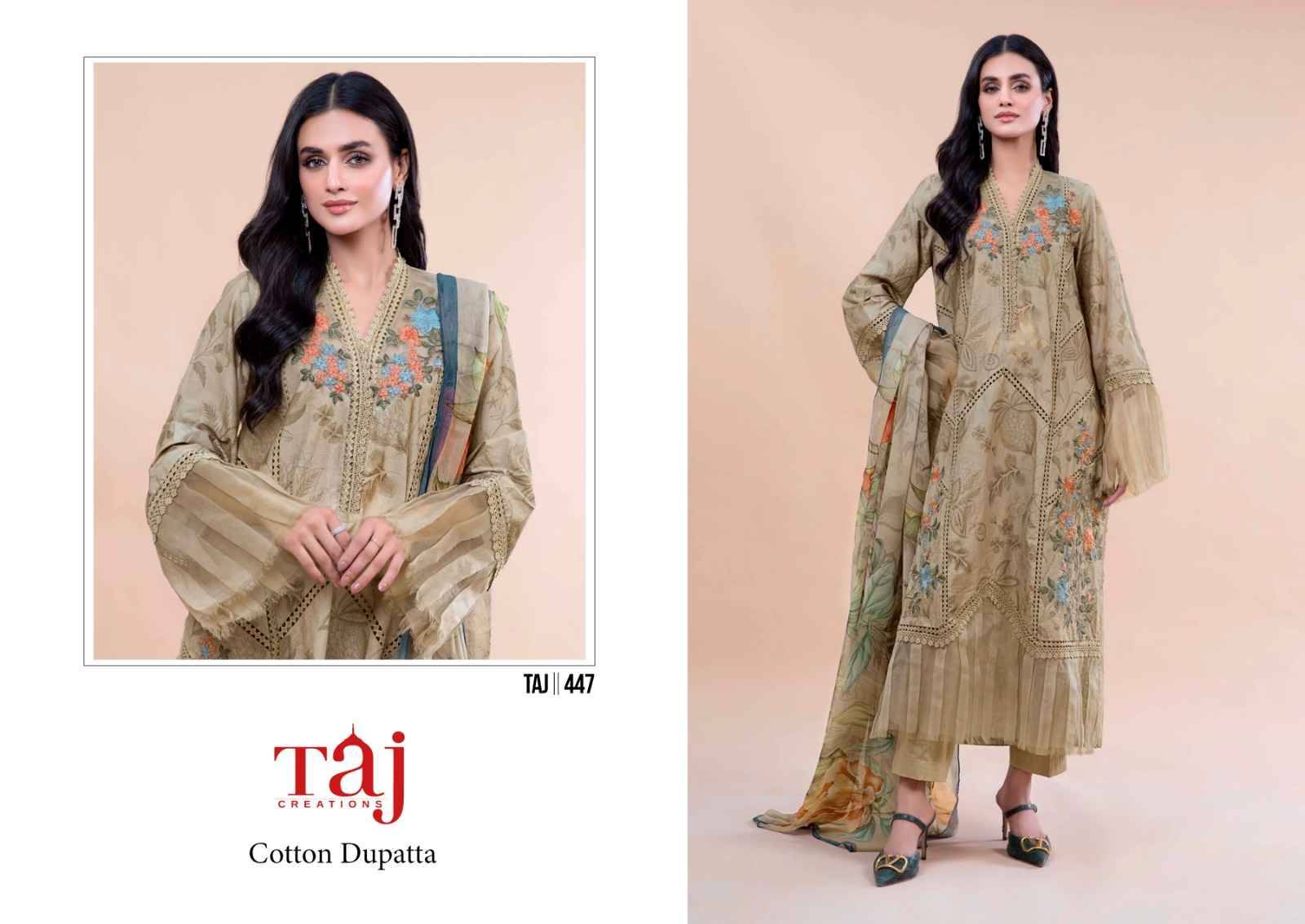 Taj Hit Design 447 By Taj Creation Beautiful Pakistani Suits Colorful Stylish Fancy Casual Wear & Ethnic Wear Pure Cotton Print With Embroidered Dresses At Wholesale Price