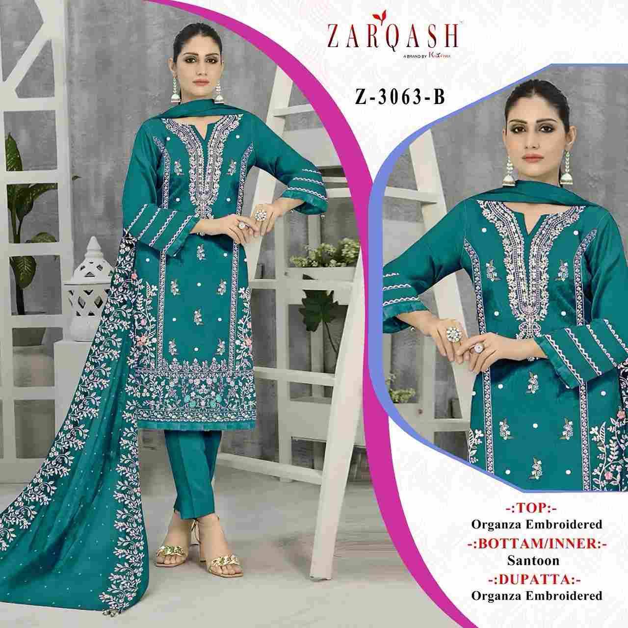 Zarqash Hit Design 3063 Colours By Zarqash 3063-A To 3063-D Series Designer Pakistani Suits Collection Beautiful Stylish Colorful Fancy Party Wear & Occasional Wear Organza Dresses At Wholesale Price