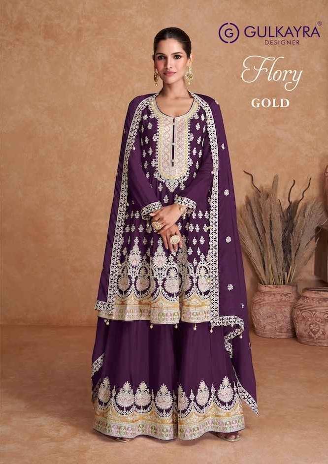 Flory Gold By Gulkayra Designer 7403-A To 7403-E Series Beautiful Sharara Suits Colorful Stylish Fancy Casual Wear & Ethnic Wear Chinnon Dresses At Wholesale Price