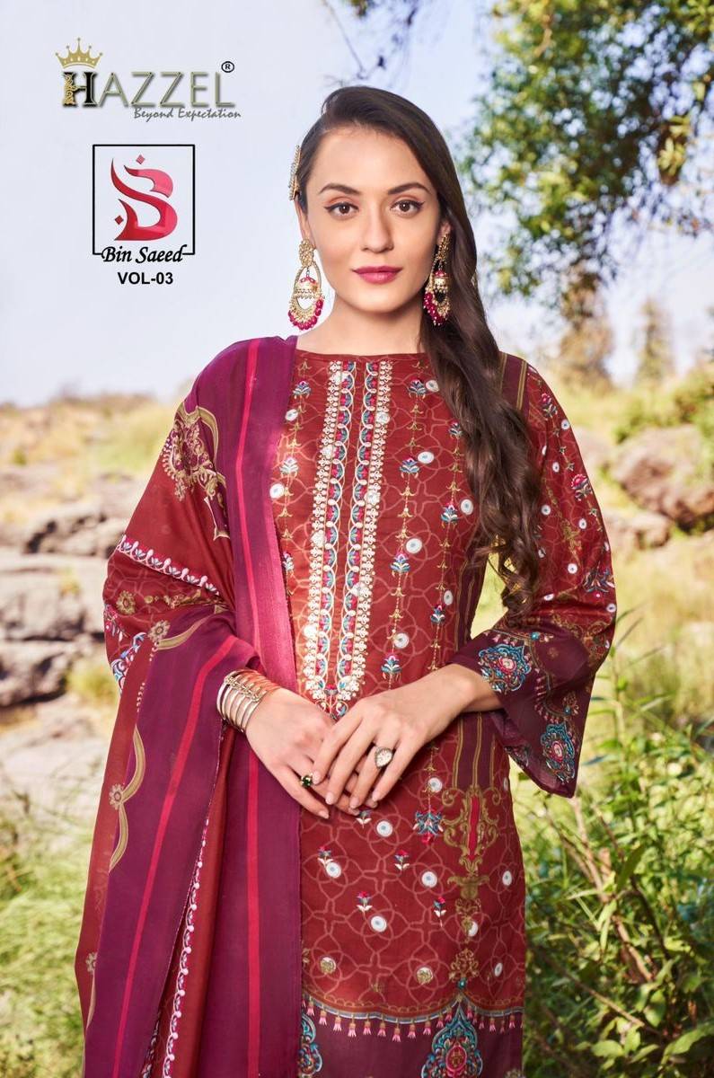 Bin Saeed Vol-3 By Hazzel 3001 To 3002 Series Beautiful Pakistani Suits Stylish Colorful Fancy Casual Wear & Ethnic Wear Pure Lawn Cotton Print With Work Dresses At Wholesale Price