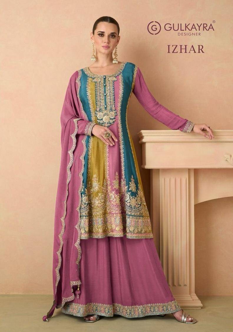 Izhar By Gulkayra Designer 7441-A To 7441-C Series Designer Sharara Suits Beautiful Fancy Colorful Stylish Party Wear & Occasional Wear Heavy Chinnon Dresses At Wholesale Price