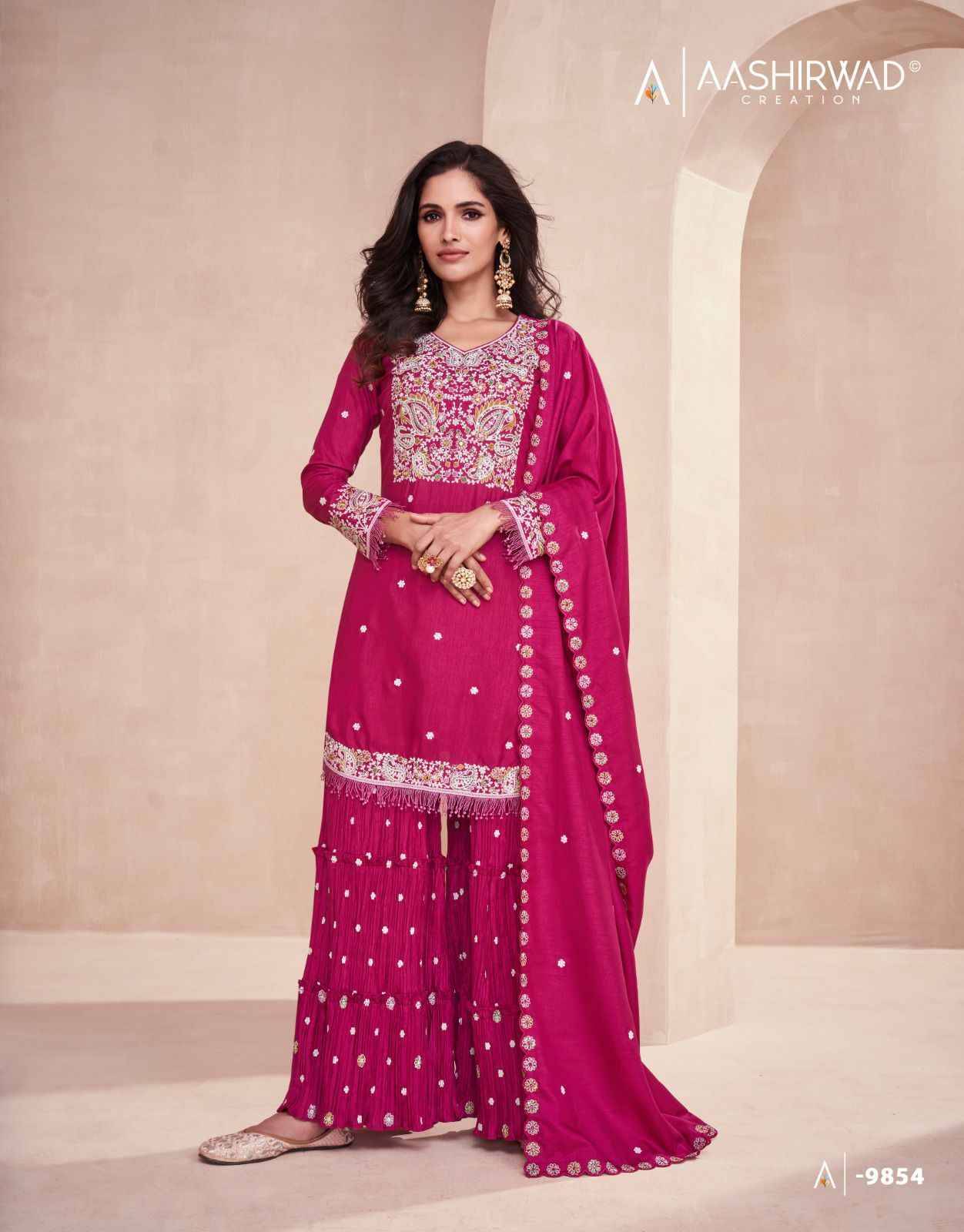 Aashirwad Hit Design 9854 By Aashirwad Creation Beautiful Sharara Suits Colorful Stylish Fancy Casual Wear & Ethnic Wear Dola Silk Dresses At Wholesale Price