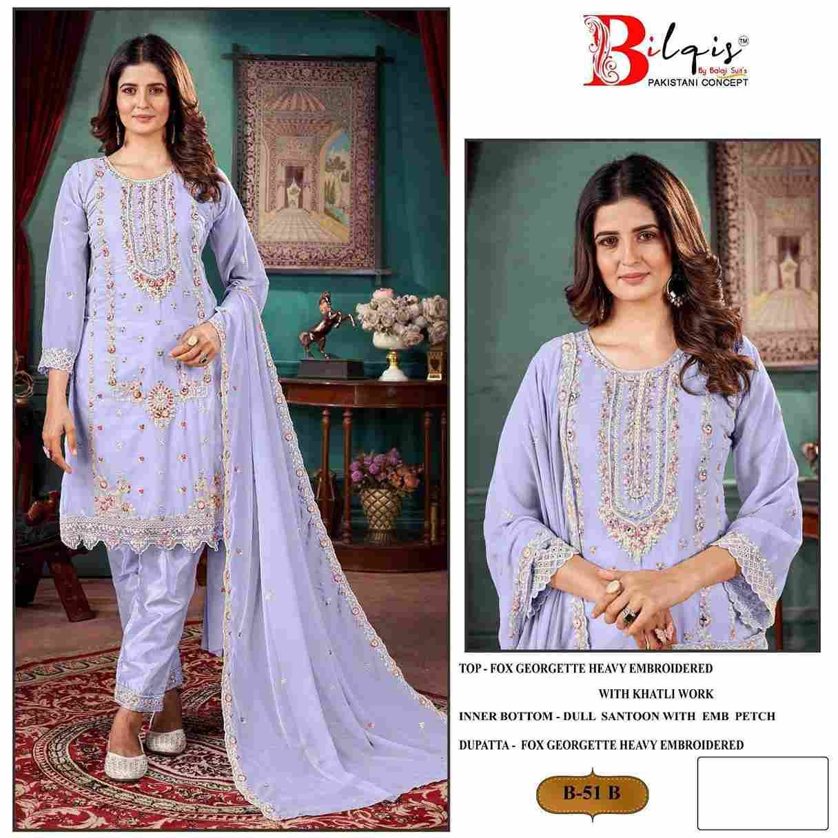 Bilqis 51 Colours By Bilqis 51-A To 51-D Series Beautiful Pakistani Suits Stylish Fancy Colorful Party Wear & Occasional Wear Faux Georgette Embroidery Dresses At Wholesale Price