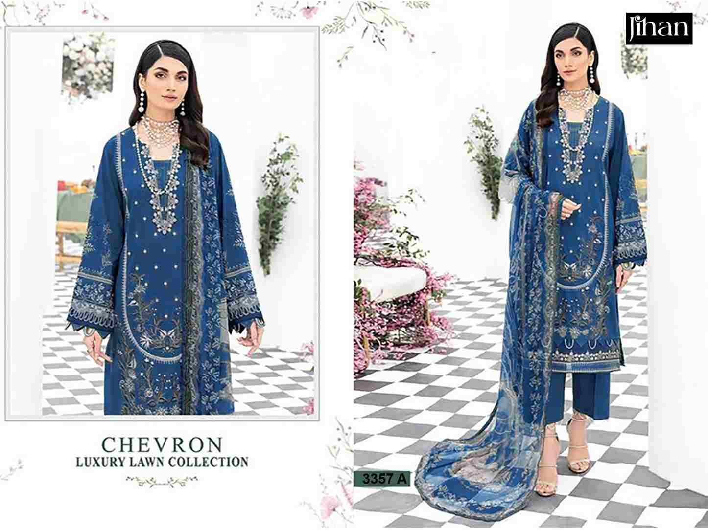 Chevron Luxury Lawn Collection By Jihan 3357 To 3357-B Series Beautiful Pakistani Suits Stylish Fancy Colorful Party Wear & Occasional Wear Pure Lawn Cotton Embroidered Dresses At Wholesale Price