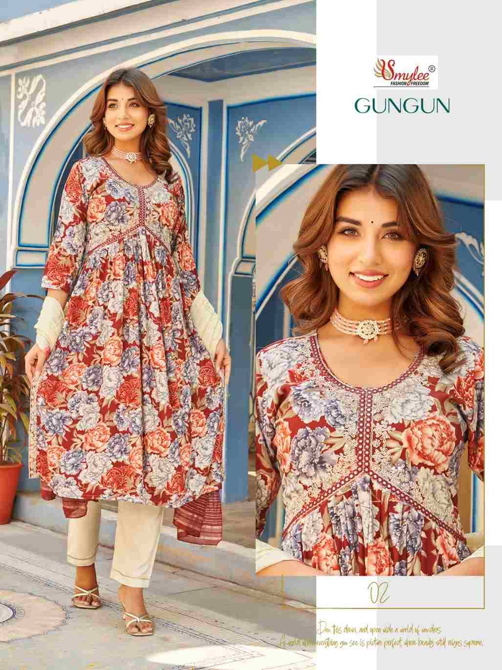 Gungun By Smylee 01 To 06 Series Designer Festive Suits Beautiful Fancy Stylish Colorful Party Wear & Occasional Wear Rayon Foil Print Embroidered Dresses At Wholesale Price