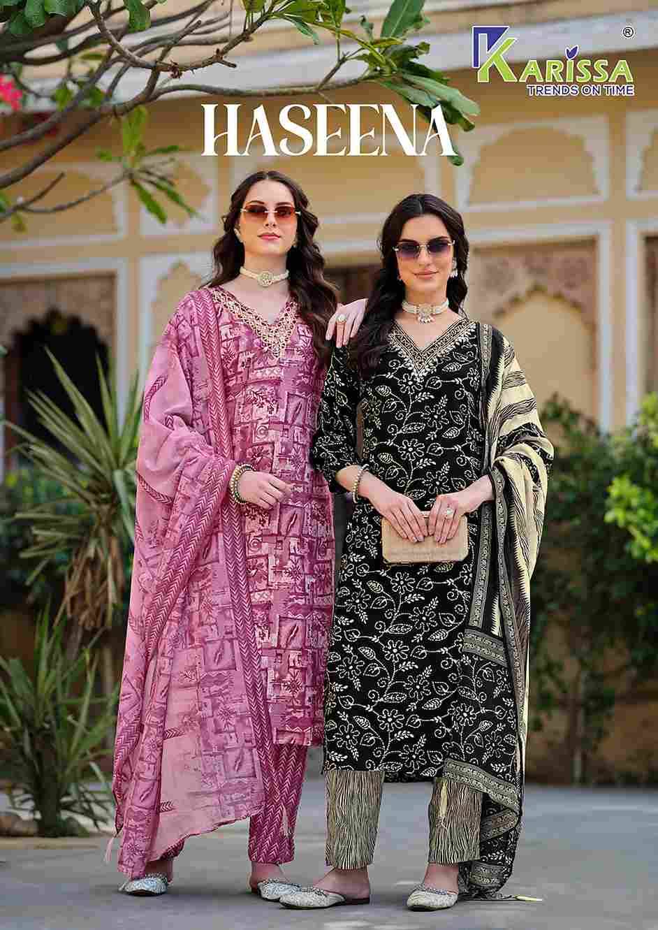 Haseena By Karissa 1001 To 1006 Series Festive Suits Beautiful Fancy Colorful Stylish Party Wear & Occasional Wear Rayon Foil Print Dresses At Wholesale Price