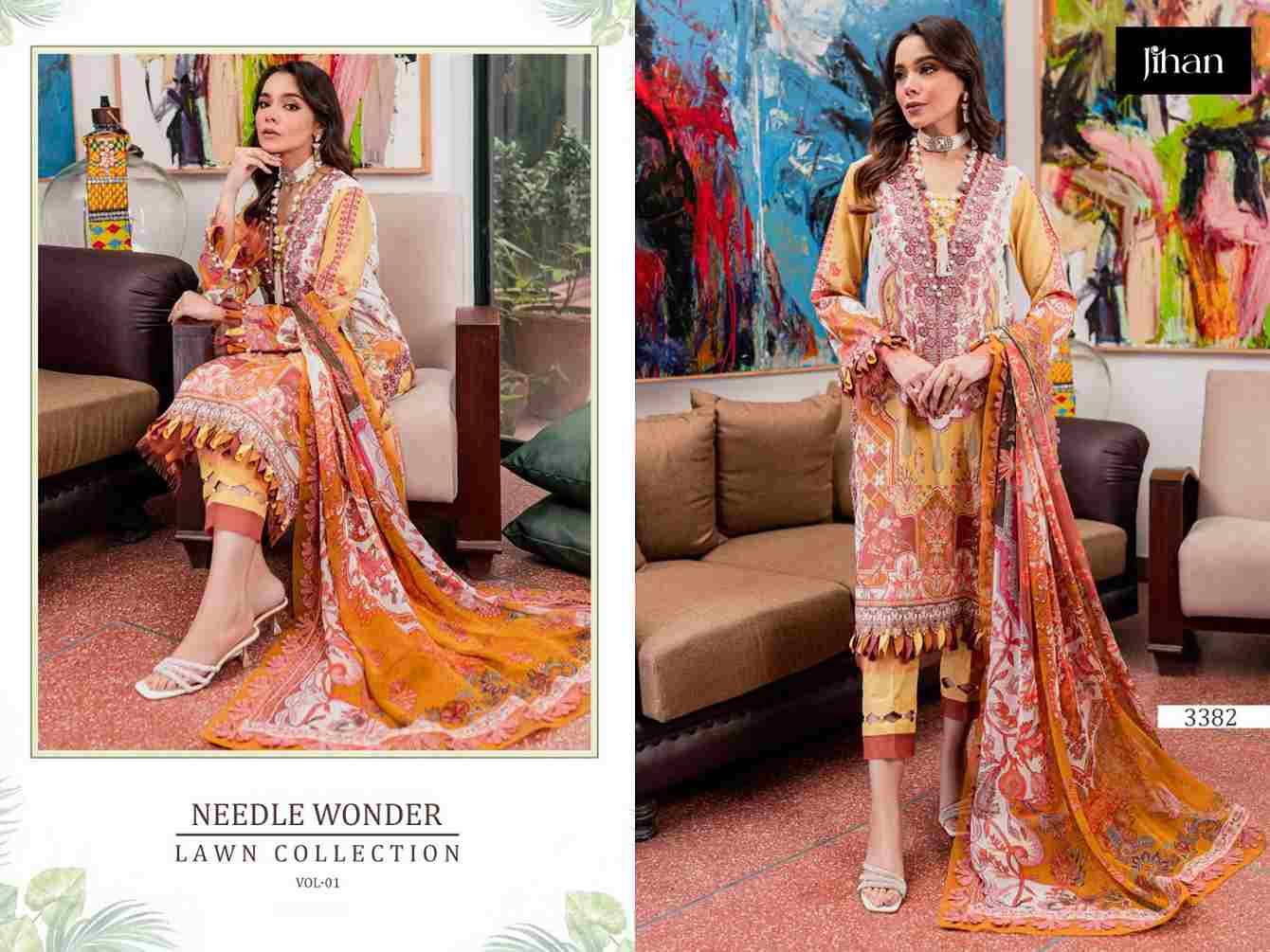 Needle Wonder Lawn Collection Vol-1 By Jihan 3381 To 3384 Series Designer Pakistani Suits Beautiful Fancy Stylish Colorful Party Wear & Occasional Wear Pure Cotton Print Dresses At Wholesale Price