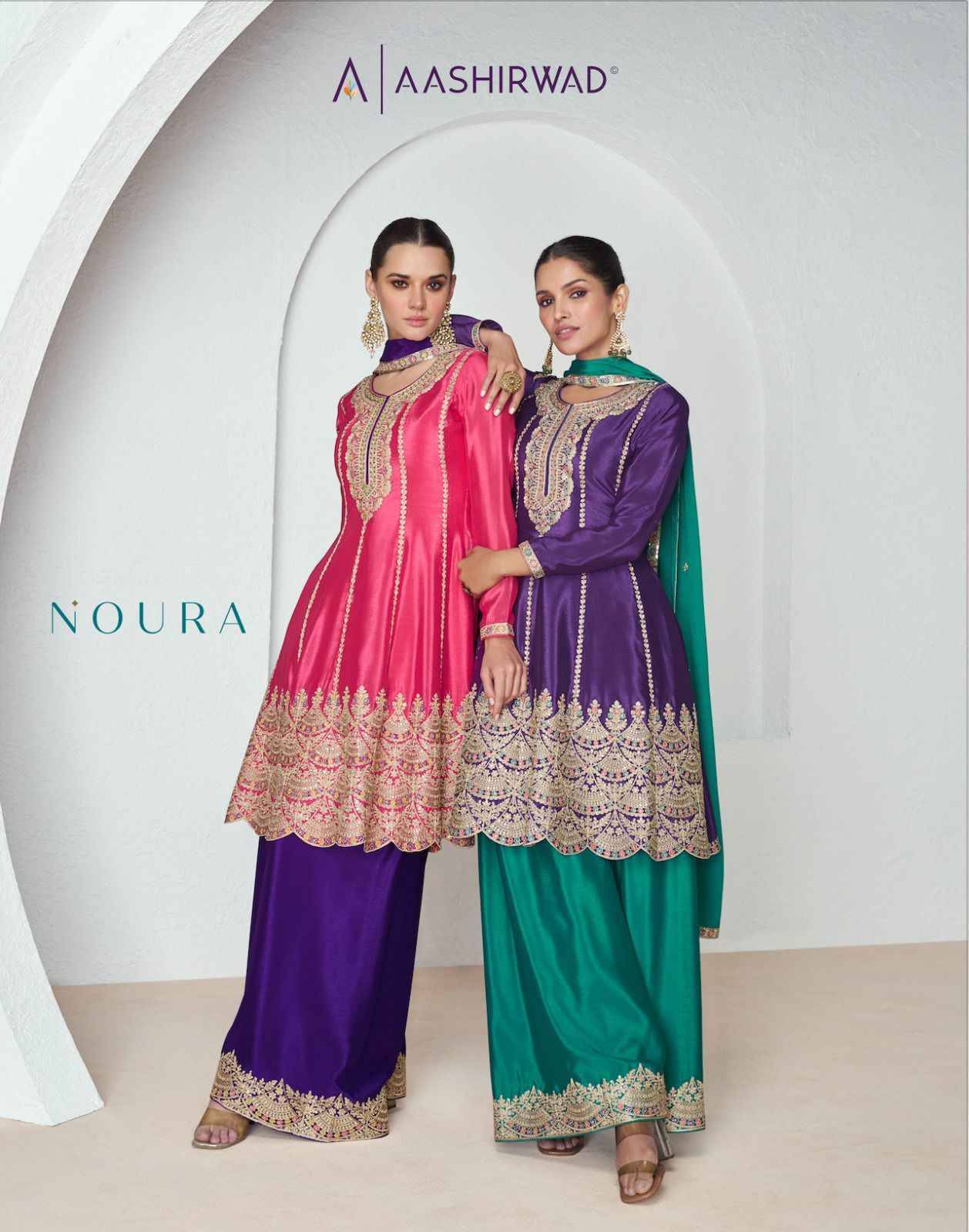 Noura By Aashirwad Creation 9932 To 9933 Series Festive Suits Beautiful Fancy Colorful Stylish Party Wear & Occasional Wear Chinnon Silk Embroidery Dresses At Wholesale Price