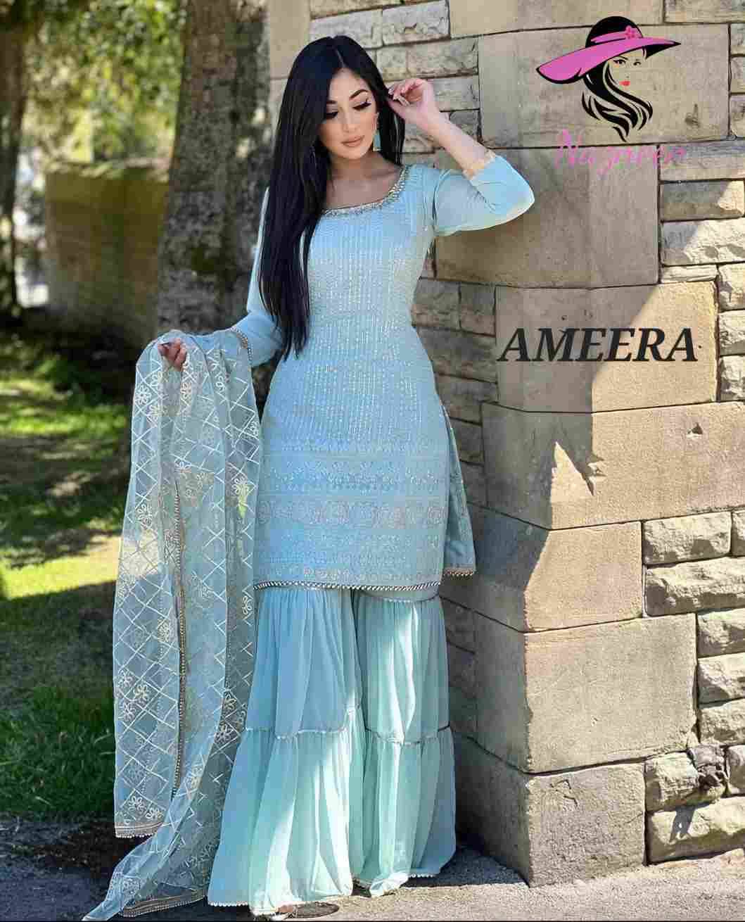 Ameena By Nazneen 1727 To 1729 Series Beautiful Sharara Suits Colorful Stylish Fancy Casual Wear & Ethnic Wear Faux Georgette Embroidered Dresses At Wholesale Price