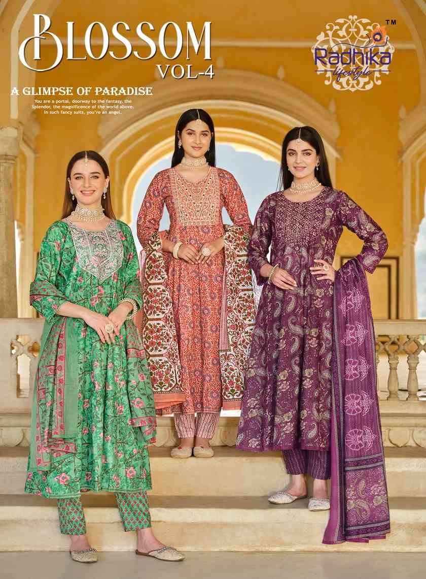 Blossom Vol-4 By Radhika Lifestyle 4001 To 4006 Series Beautiful Festive Suits Colorful Stylish Fancy Casual Wear & Ethnic Wear Cotton Print With Work Dresses At Wholesale Price