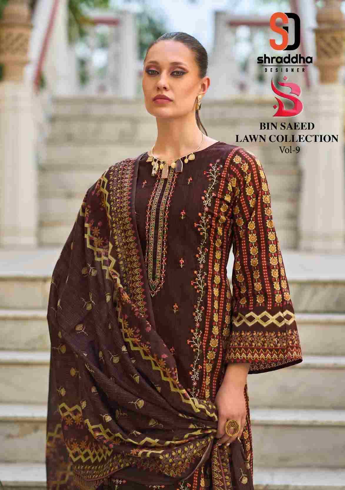 Bin Saeed Lawn Collection Vol-9 By Shraddha Designer 9001 To 9004 Series Designer Pakistani Suits Beautiful Fancy Stylish Colorful Party Wear & Occasional Wear Pure Cotton Print With Embroidery Dresses At Wholesale Price