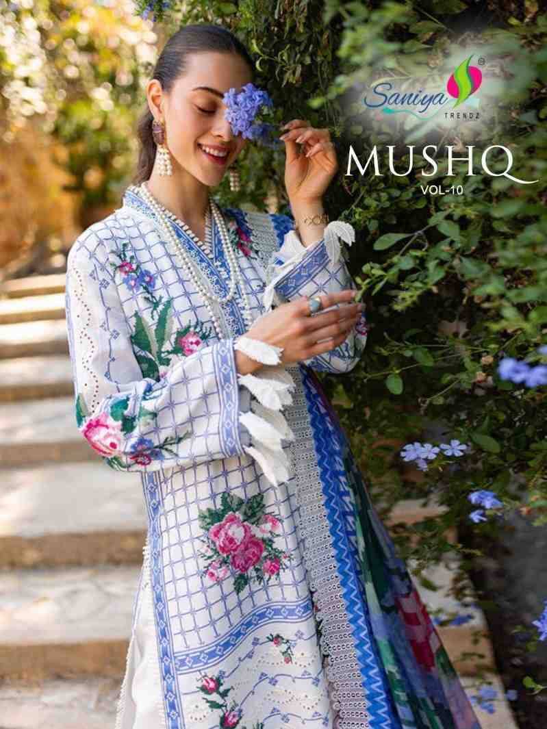 Mushq Vol-10 By Saniya Trendz 10001 To 10004 Series Beautiful Pakistani Suits Colorful Stylish Fancy Casual Wear & Ethnic Wear Pure Cotton With Embroidered Dresses At Wholesale Price