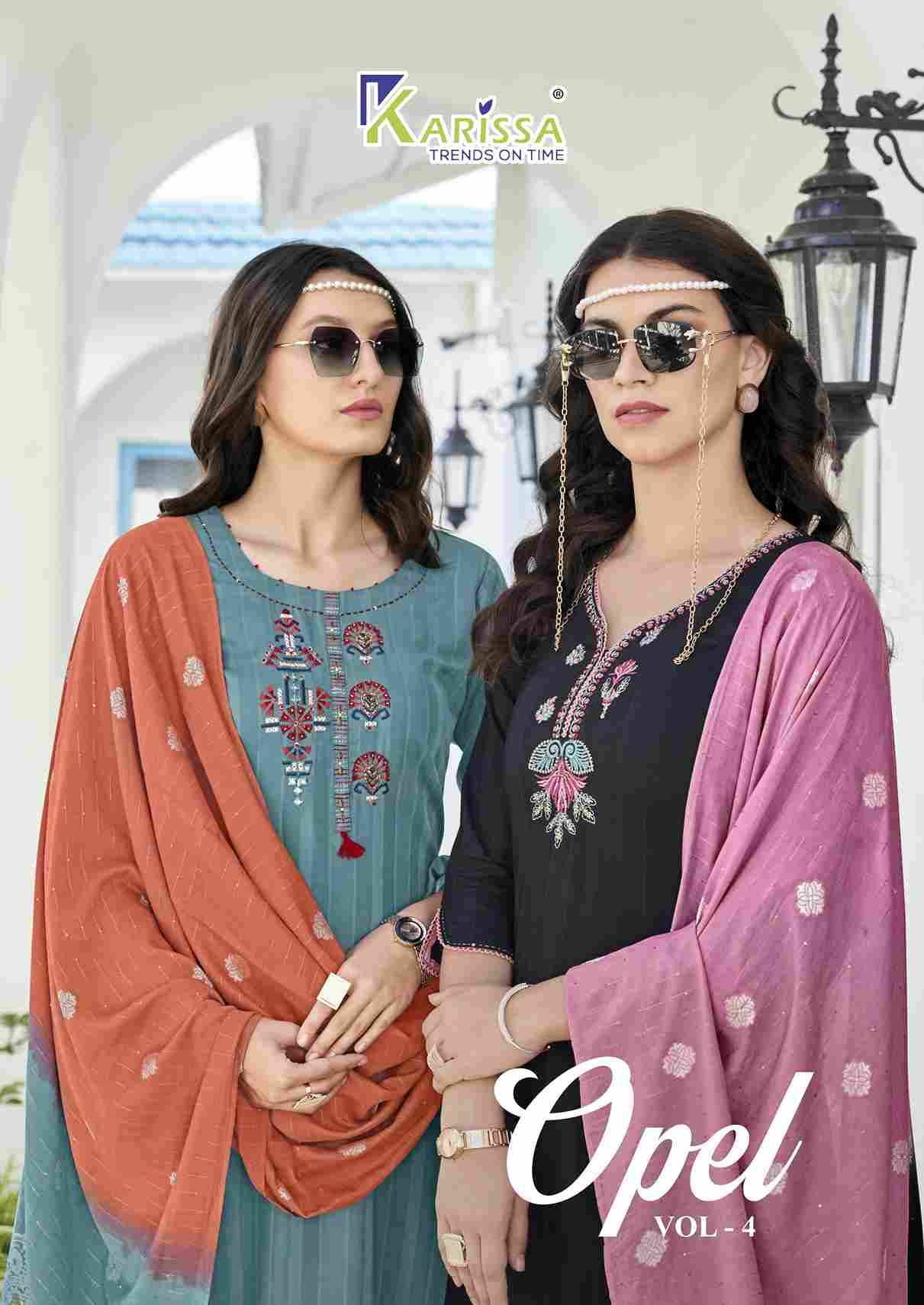 Opel Vol-4 By Karissa 4001 To 4006 Series Designer Festive Suits Collection Beautiful Stylish Fancy Colorful Party Wear & Occasional Wear Viscose Rayon Print Dresses At Wholesale Price