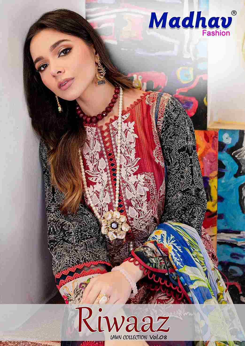 Riwaaz Vol-8 By Madhav Fashion 8001 To 8006 Series Beautiful Stylish Suits Fancy Colorful Casual Wear & Ethnic Wear & Ready To Wear Pure Lawn Cotton Dresses At Wholesale Price