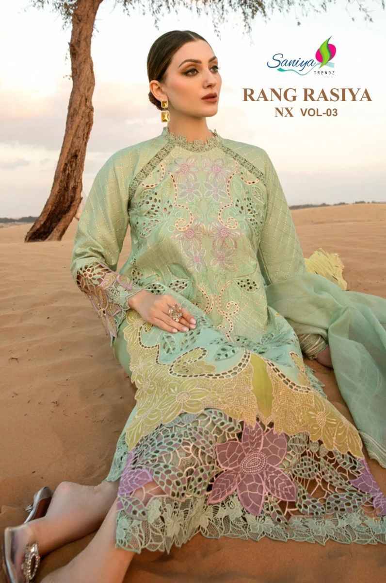 Rang Rasiya Vol-3 Nx By Saniya Trendz 3001 To 3003 Series Designer Pakistani Suits Beautiful Stylish Fancy Colorful Party Wear & Occasional Wear Pure Cotton Print Embroidered Dresses At Wholesale Price