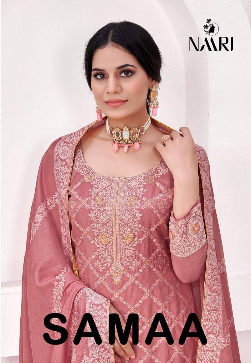 Samaa By Naari 84001 To 84004 Series Beautiful Stylish Festive Suits Fancy Colorful Casual Wear & Ethnic Wear & Ready To Wear Pure Muslin Jacquard Print Dresses At Wholesale Price