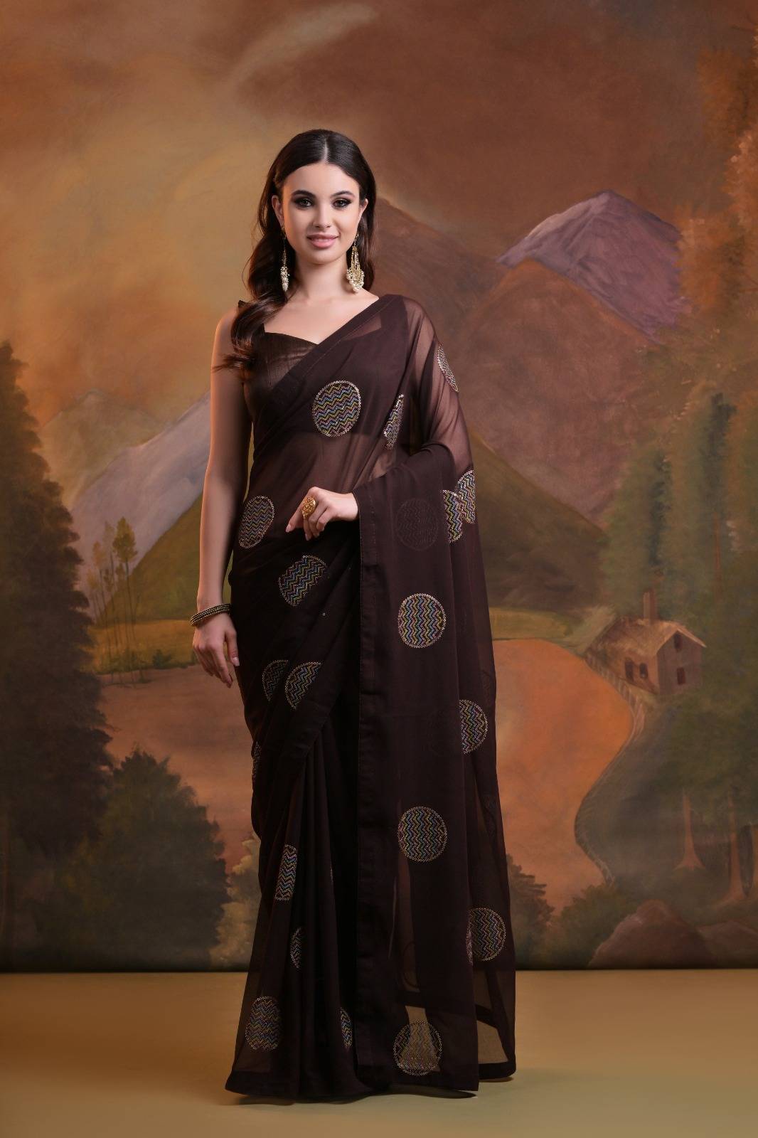 Brown Sequence By Pc Indian Traditional Wear Collection Beautiful Stylish Fancy Colorful Party Wear & Occasional Wear Heavy Georgette Sarees At Wholesale Price