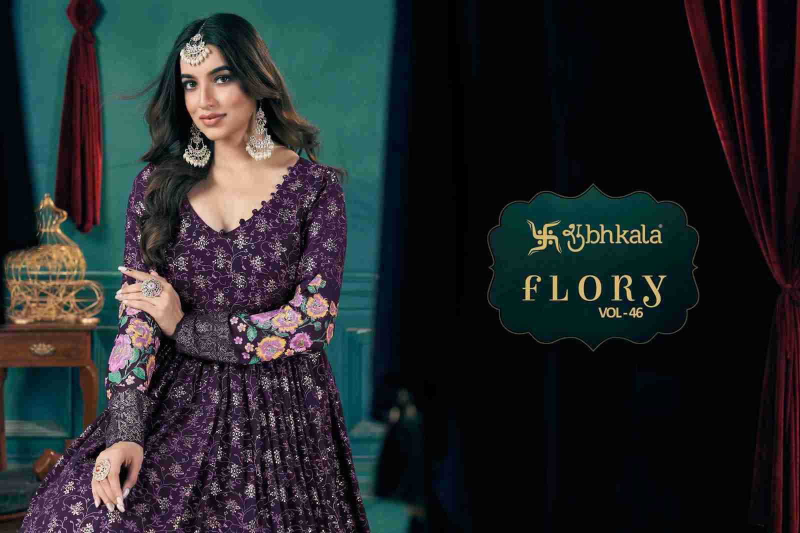 Flory Vol-46 By Shubhkala 5021 To 5024 Series Designer Stylish Fancy Colorful Beautiful Party Wear & Ethnic Wear Collection Faux Georgette Gown With Bottom At Wholesale Price