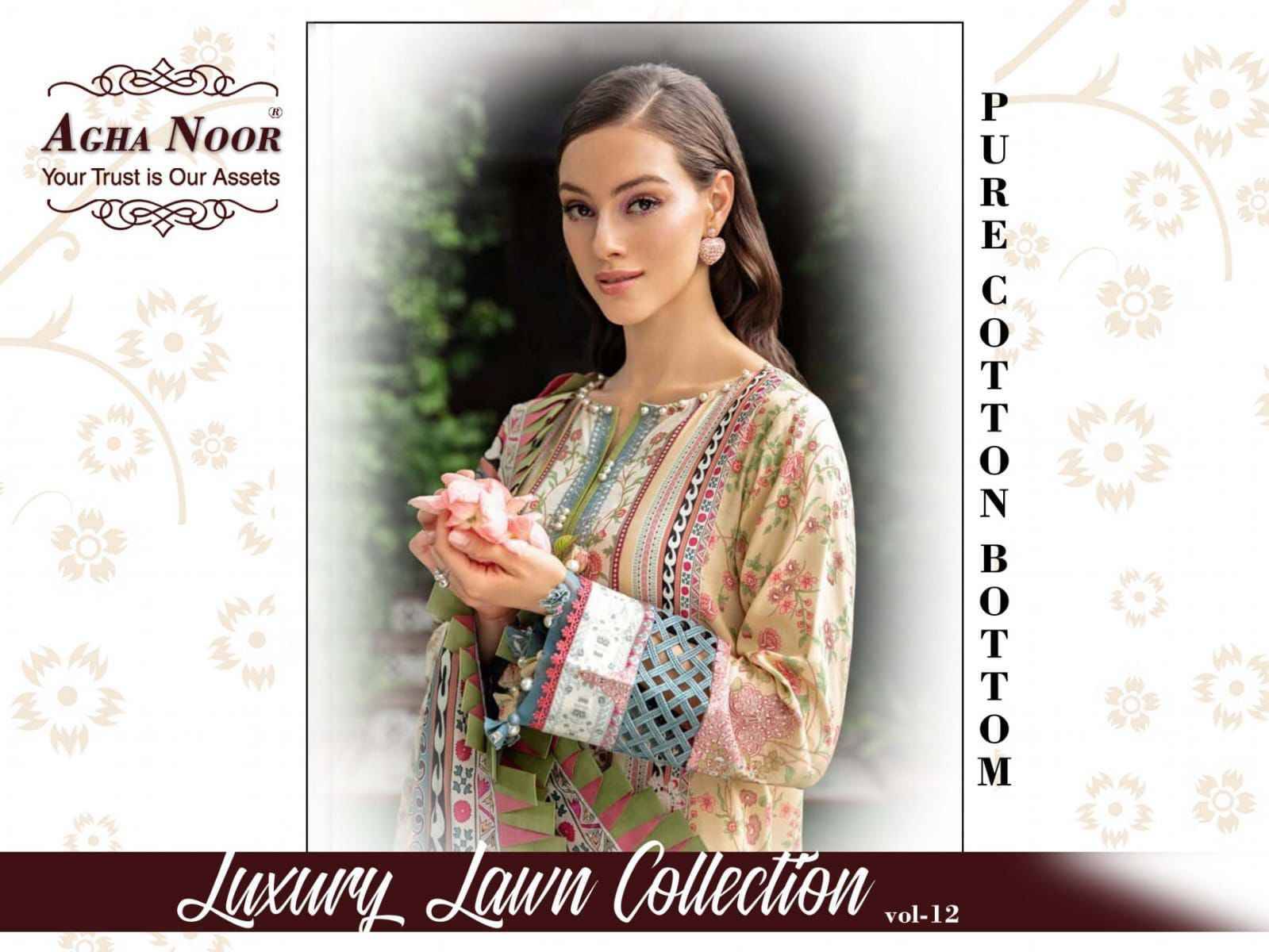 Luxury Lawn Collection Vol-12 By Agha Noor 1201 To 1206 Series Beautiful Pakistani Suits Stylish Fancy Colorful Party Wear & Occasional Wear Lawn Cotton Dresses At Wholesale Price