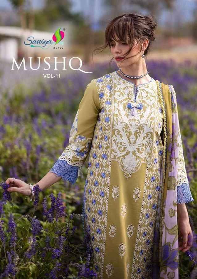 Mushq Vol-11 By Saniya Trendz 11001 To 11003 Series Beautiful Pakistani Suits Colorful Stylish Fancy Casual Wear & Ethnic Wear Cotton Embroidered Dresses At Wholesale Price