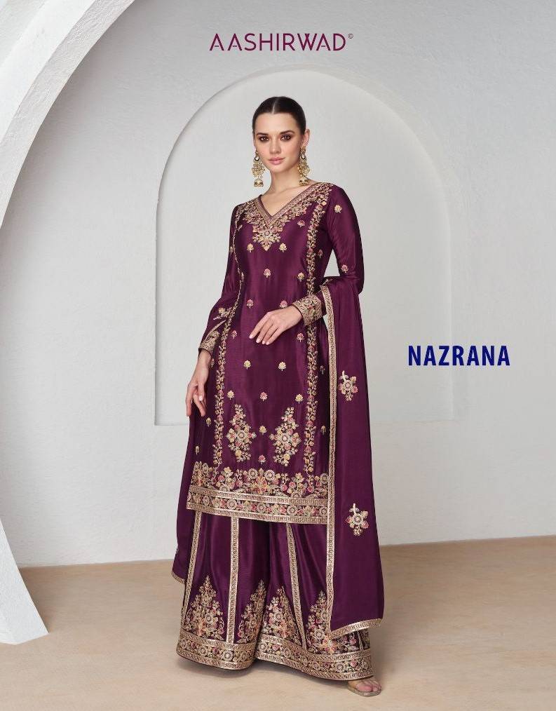 Nazrana By Aashirwad Creation 9951 To 9954 Series Beautiful Sharara Suits Colorful Stylish Fancy Casual Wear & Ethnic Wear Chinnon Silk Embroidered Dresses At Wholesale Price