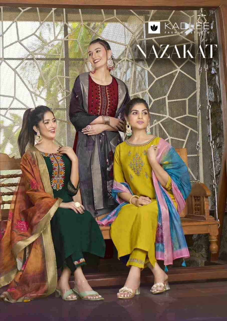 Nazakat By Kadlee 1001 To 1006 Series Beautiful Stylish Festive Suits Fancy Colorful Casual Wear & Ethnic Wear & Ready To Wear Viscose Embroidered Dresses At Wholesale Price