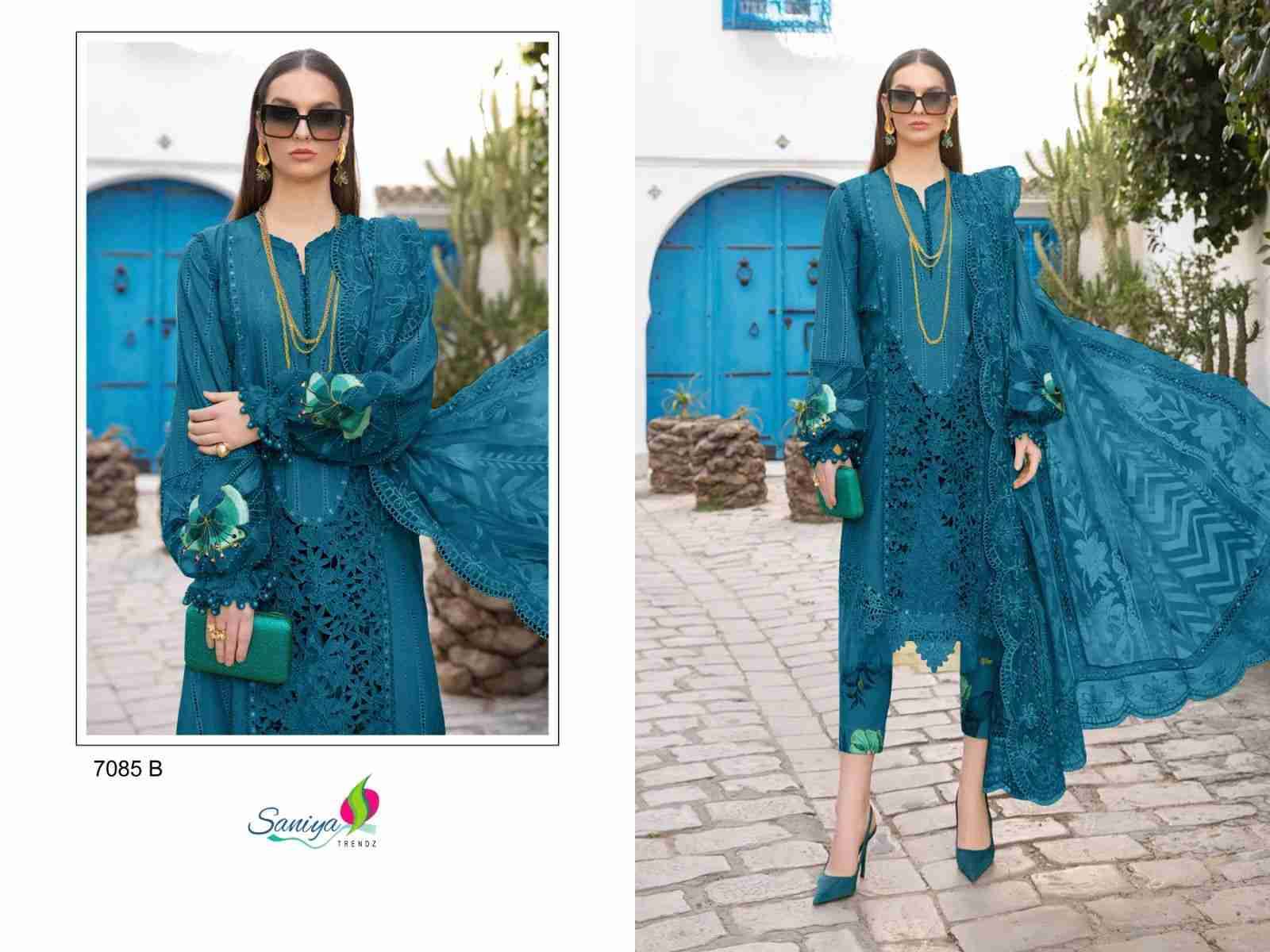 Saniya Trendz Hit Design 7085 Colours By Saniya Trendz 7085-A To 7085-E Series Beautiful Pakistani Suits Colorful Stylish Fancy Casual Wear & Ethnic Wear Cotton Embroidered Dresses At Wholesale Price