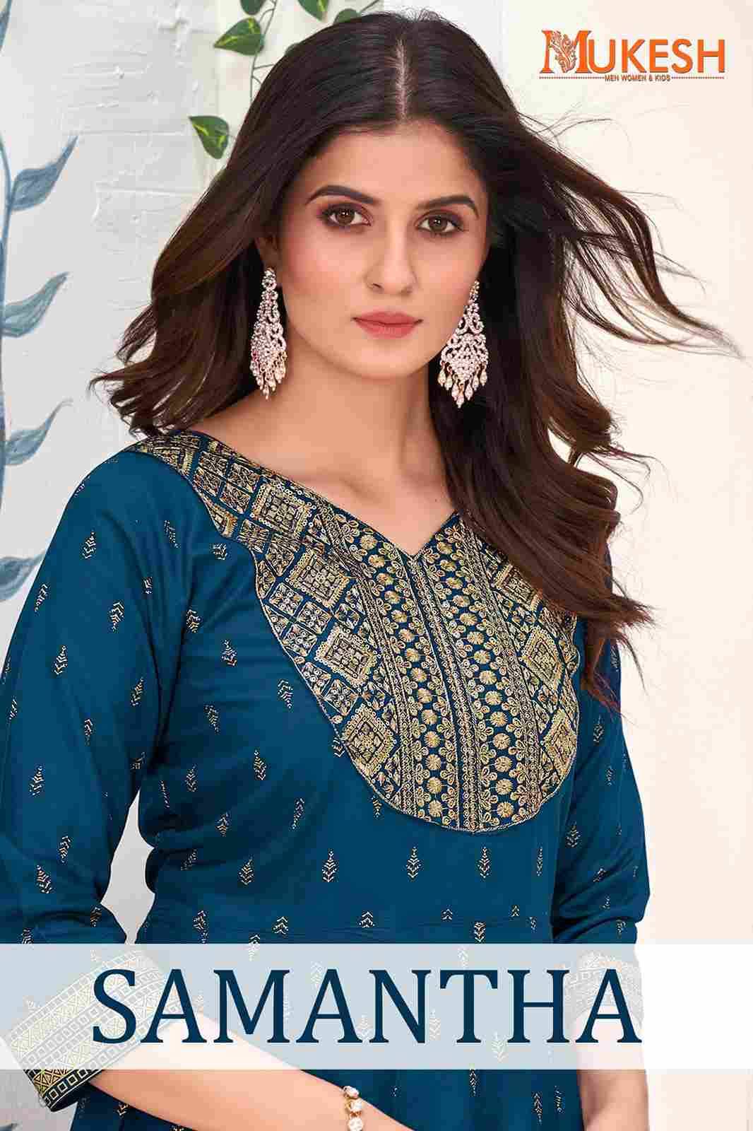 Samantha By Mukesh 1001 To 1006 Series Beautiful Stylish Fancy Colorful Casual Wear & Ethnic Wear Rayon With Work Gowns At Wholesale Price
