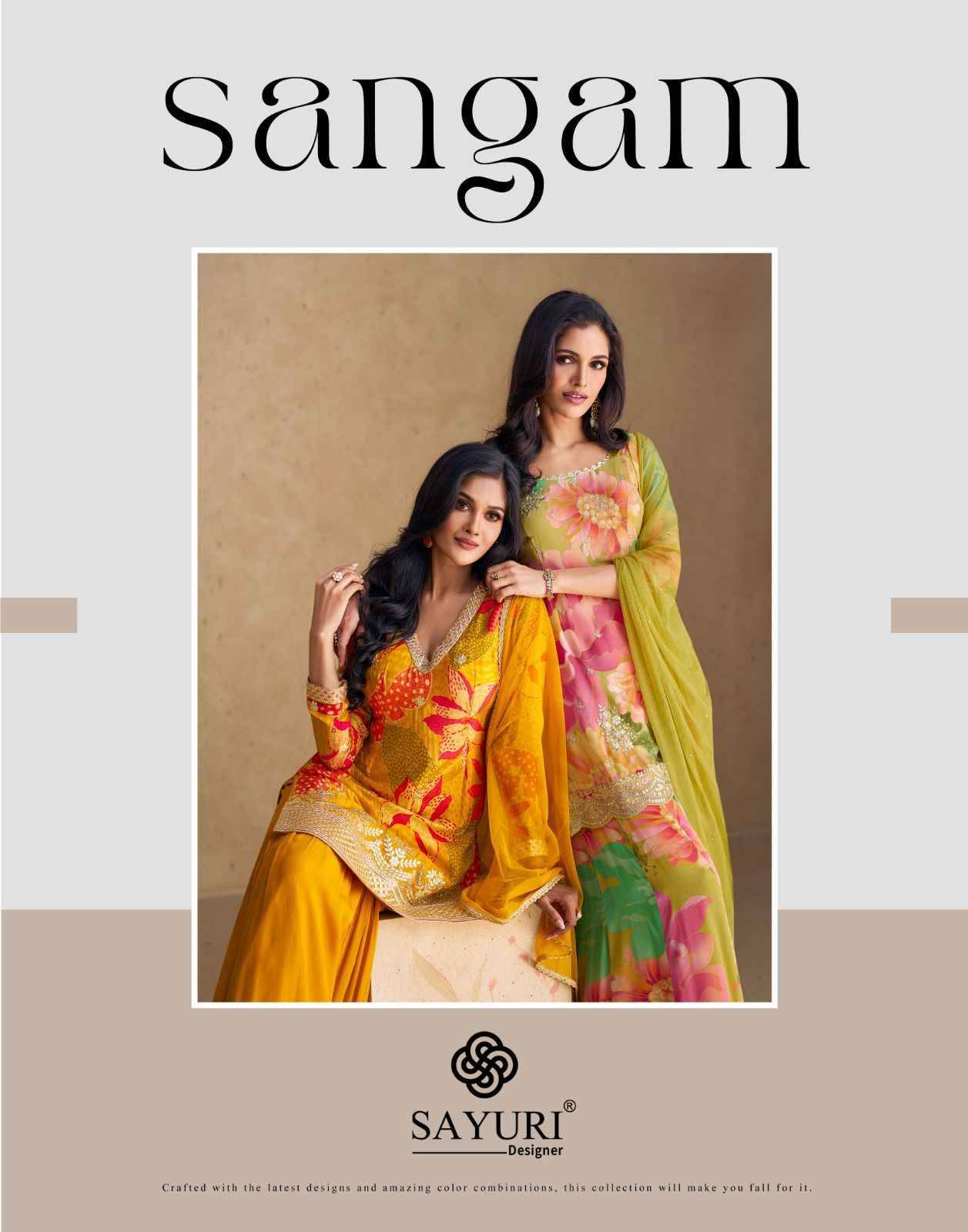 Sangam By Sayuri 5538 To 5542 Series Beautiful Sharara Suits Colorful Stylish Fancy Casual Wear & Ethnic Wear Chinnon Silk Embroidery Dresses At Wholesale Price