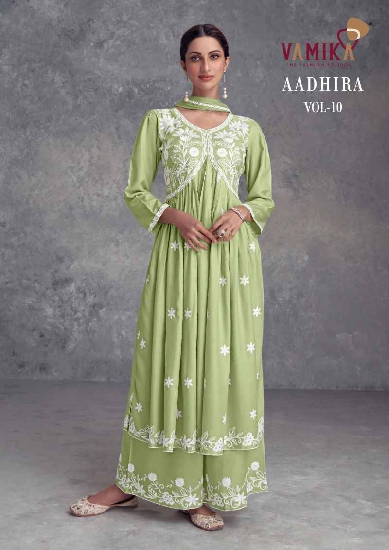 Aadhira Vol-10 By Vamika 1211-A To 1211-E Series Beautiful Festive Suits Colorful Stylish Fancy Casual Wear & Ethnic Wear Pure Viscose Rayon Embroidery Dresses At Wholesale Price