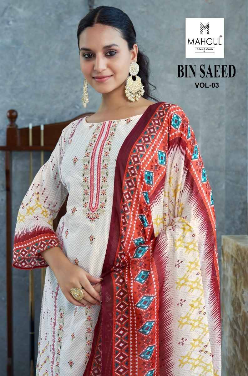 Bin Saeed Vol-3 By Mahgul 3001-A To 3001-D Series Designer Pakistani Suits Beautiful Fancy Stylish Colorful Party Wear & Occasional Wear Pure Lawn Cotton With Embroidery Dresses At Wholesale Price