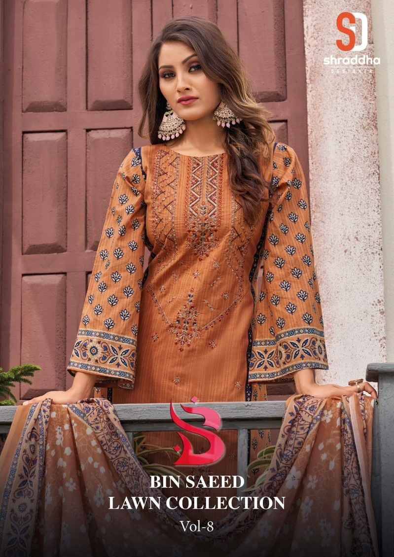 Bin Saeed Lawn Collection Vol-8 Nx By Shraddha Designer Pakistani Suits Beautiful Fancy Stylish Colorful Party Wear & Occasional Wear Pure Cotton Print With Embroidery Dresses At Wholesale Price