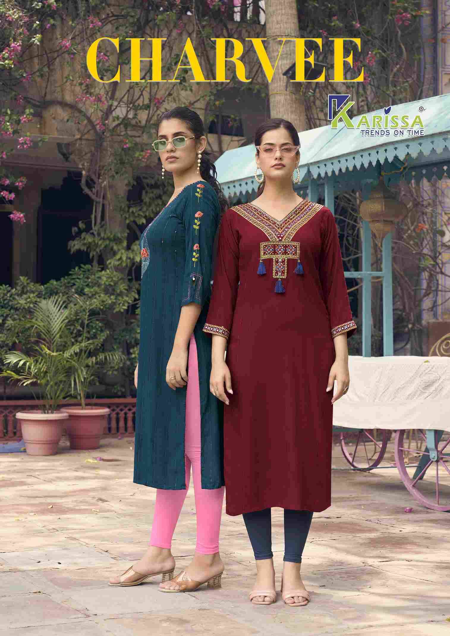 Charvee By Karissa 1001 To 1006 Series Designer Stylish Fancy Colorful Beautiful Party Wear & Ethnic Wear Collection Rayon With Work Kurtis At Wholesale Price