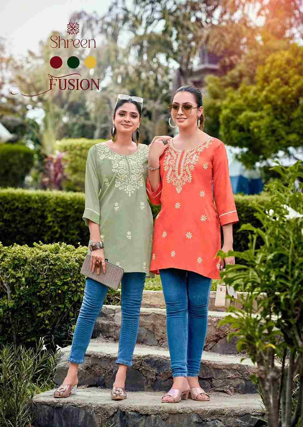Fusion By Shreen 1001 To 1007 Series Designer Stylish Fancy Colorful Beautiful Party Wear & Ethnic Wear Collection Heavy Rayon Tops At Wholesale Price