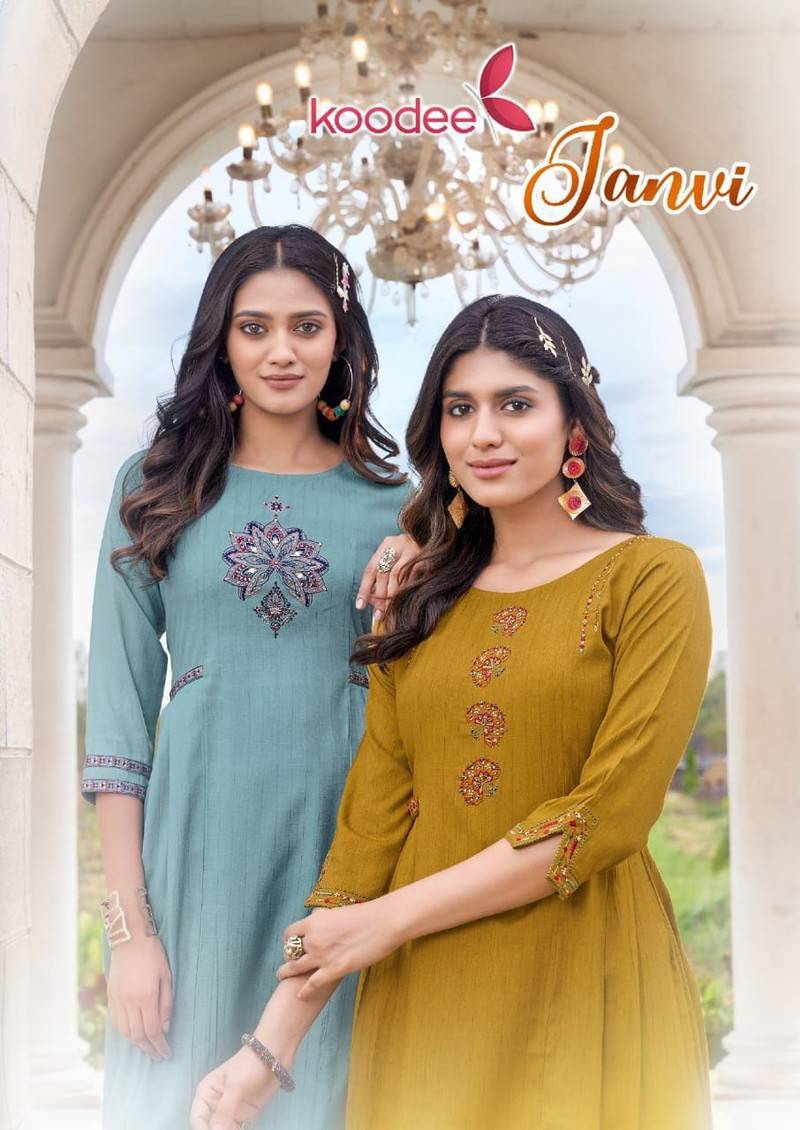Janvi By Koodee 1001 To 1006 Series Designer Festive Suits Collection Beautiful Stylish Fancy Colorful Party Wear & Occasional Wear Rayon Print Kurtis At Wholesale Price
