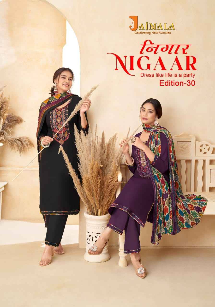 Nigaar Vol-30 By Jaimala 1576-001 To 1576-008 Series Beautiful Festive Suits Colorful Stylish Fancy Casual Wear & Ethnic Wear Pure Rayon Slub With Work Dresses At Wholesale Price