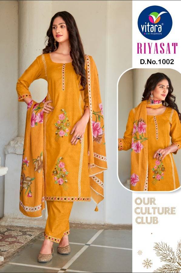Riyasat By Vitara 1001 To 1002 Series Suits Beautiful Fancy Colorful Stylish Party Wear & Occasional Wear Pure Cotton Dresses At Wholesale Price