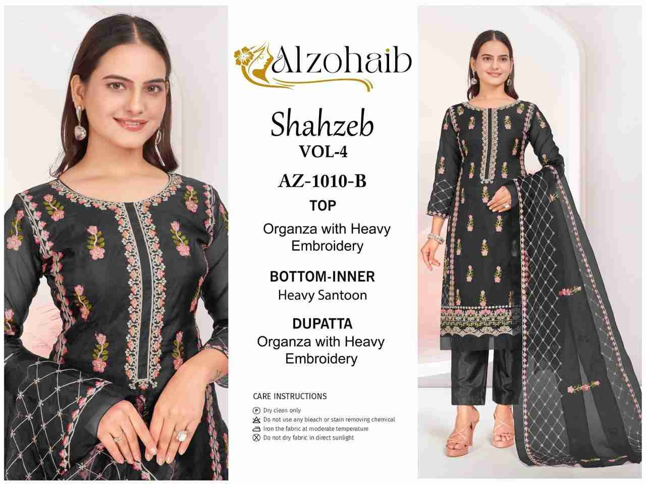Shahzeb Vol-4 By Alzohaib 1010-A To 1010-D Series Wholesale Designer Pakistani Suits Collection Beautiful Stylish Fancy Colorful Party Wear & Occasional Wear Organza Dresses At Wholesale Price